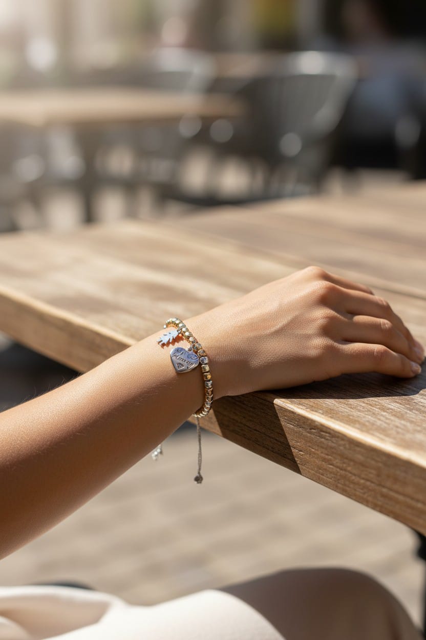 Bracciale pepite tricolori con cuore scritta Mummy e bambini