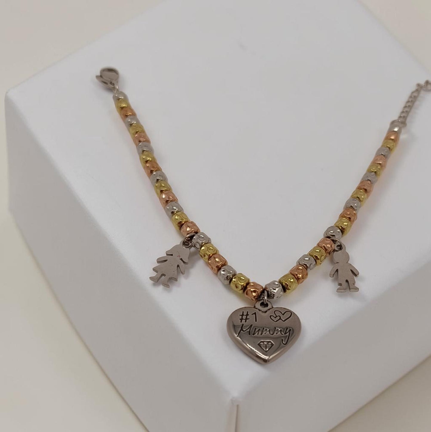 Bracciale pepite tricolori con cuore scritta Mummy e bambini