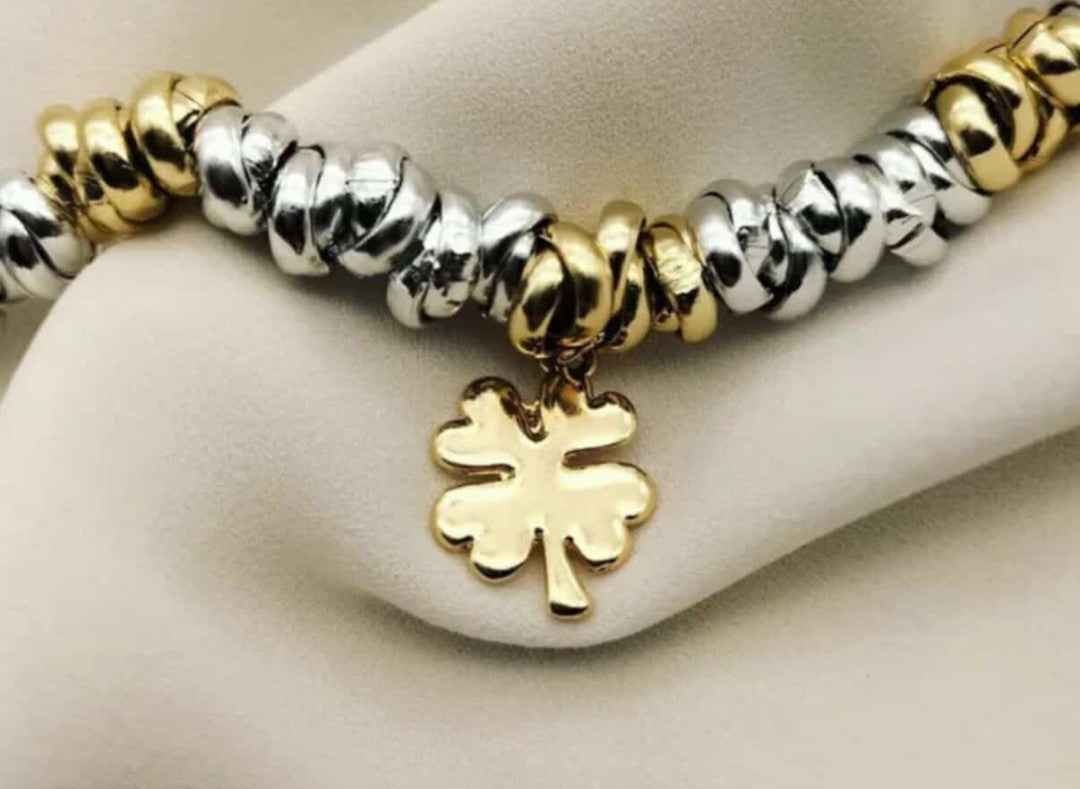 Bracciale nodini argento e oro con quadrifoglio
