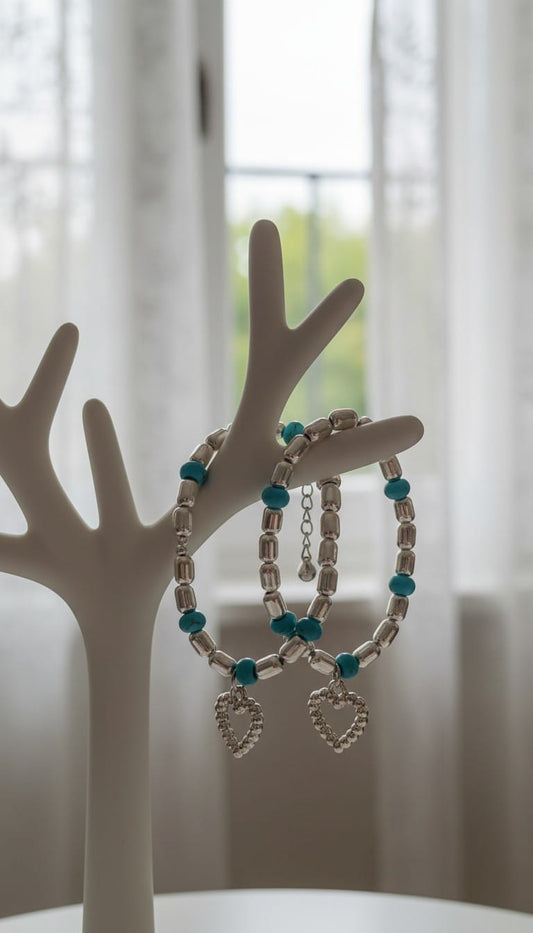 Bracciale pepite e sfere turchesi con cuore pendente