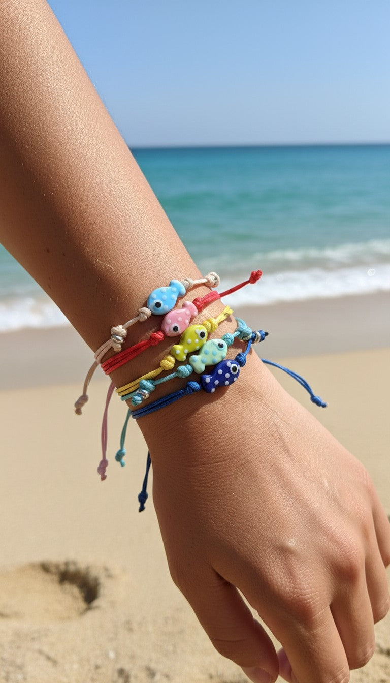 Bracciali cordino colorato e pesciolino ceramica
