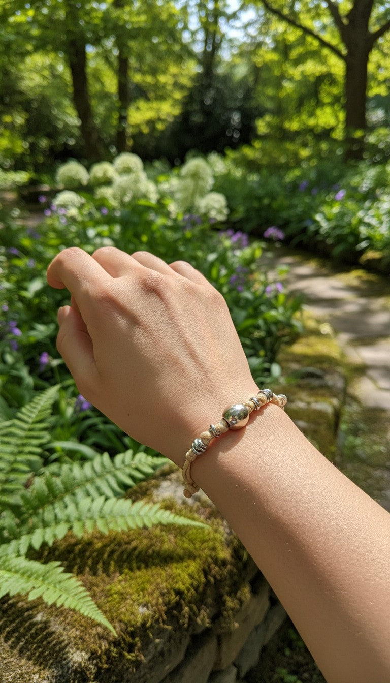 Bracciale cordino, granelli e pepita maxi acciaio inossidabile