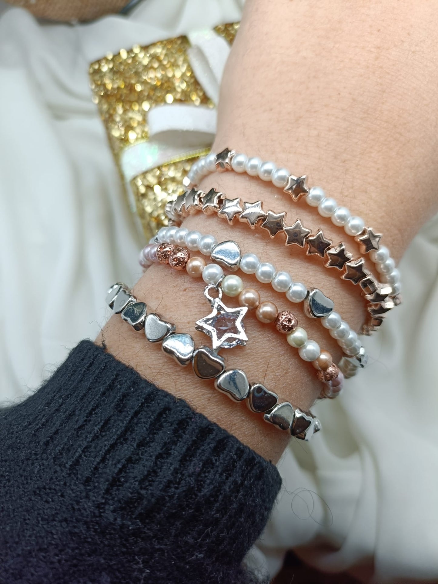 Bracciali stelle ematite oro rosa e argento